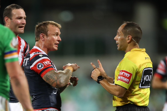 Jake Friend remonstrates with referee Ashley Klein during the Roosters' loss to Canberra on Friday.