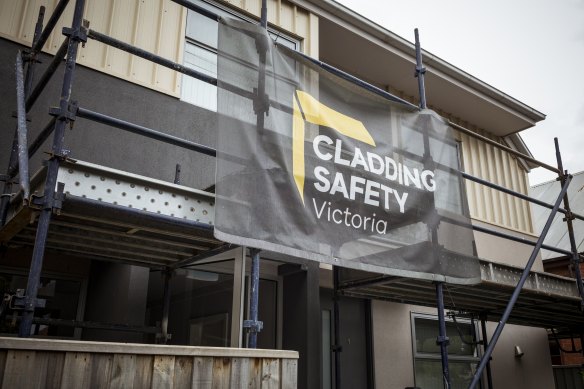 A building on Weston Street, Brunswick East. The Cladding Safety Victoria logo has been used at sites where affected properties are being rectified.