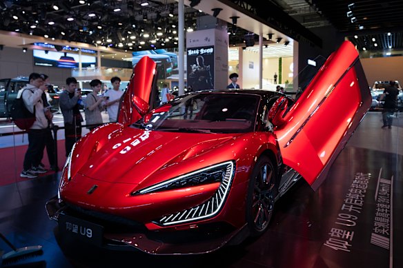 BYD’s high-end Yangwang U9, an all-electric sports car, has winged doors. It also has a “leap mode” for jumping potholes and road spikes.