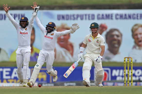 David Warner bats for Australia during Australia’s last Test tour of Sri Lanka in 2022. 