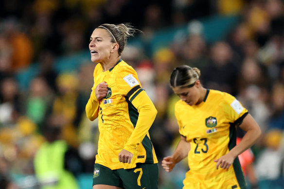 Steph Catley celebrates after scoring the first goal for Australia at the World Cup against Ireland.