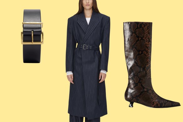 Megan Gale loves a good belt, snake-print accessories and a classic belted coat.