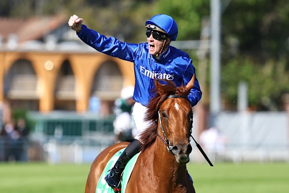 Chad Schofield on Tempted celebrates victory in the $20 million Everest at Randwick last Saturday.