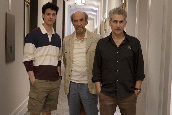 Albie Di Grasso (played by Adam DiMarco) wearing an Abercrombie & Fitch rugby short with F. Murray Abraham as his grandfather Bert and Michael Imperioli as his father Dominic.