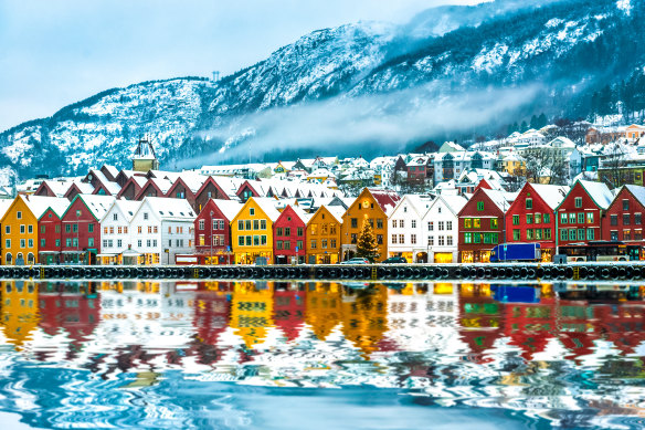 Multi-colour gingerbread houses along the Bryggen waterfront district.