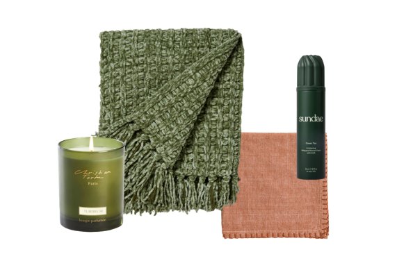 “Tubereuse” candle; “Lygon” throw; “Parker” napkin; “Green Tea” exfoliating body wash.