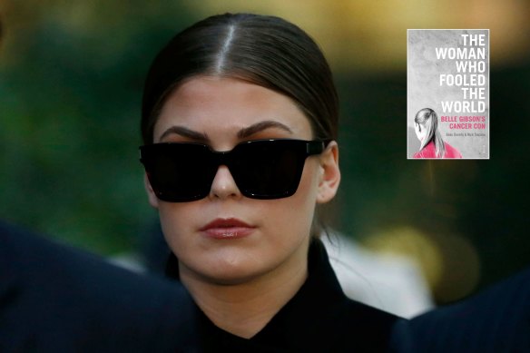 Belle Gibson, pictured outside the Federal Court in Melbourne, 2019, and (inset) the book by Age journalists Nick Toscano and Beau Donnelly that inspired the Netflix series.