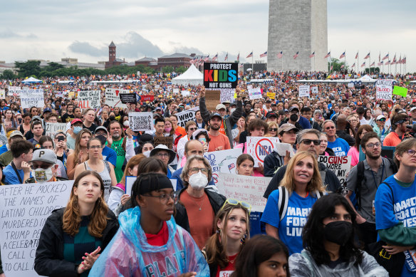 Demonstrators listen to speakers during a March For Our Lives rally near the Washington Monument.
