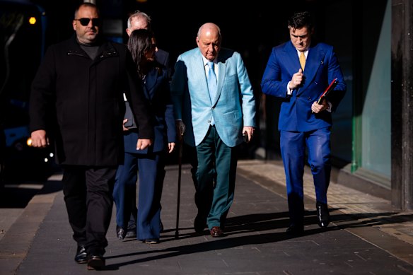 Alan Jones arrives at the Downing Centre Local Court in Sydney on Tuesday.