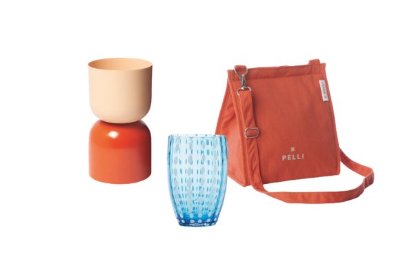 “Sunset” planter; “Perle” tumblers; “Cross the Sea” insulated lunch bag.
