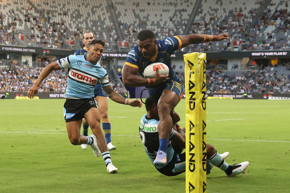 Maika Sivo powers over for his second try against Cronulla.