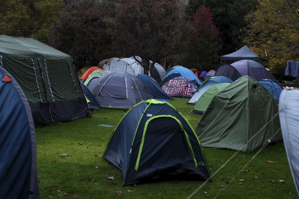 The now dismantled pro-Palestinian encampment at Melbourne University 