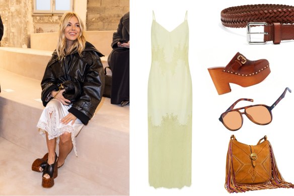 Boho: Sienna Miller attends the Chloé Womenswear autumn/winter 2024 show as part of Paris Fashion Week in February. Camilla and Marc filigree dress, $650; Country Road belt, $89.95; Chloe platform clogs, $1830, Net-a-porter; LeSpecs tragic magic sunglasses, $70; Isabel Marant fringe bag, $1575, David Jones.