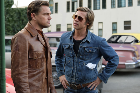Brad Pitt, right, with Leonardo DiCaprio in Once Upon a Time ... in Hollywood. Pitt plays stuntman Cliff Booth. 