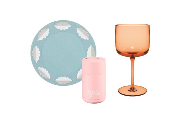 “Harvest” place mats; Ceramic, reusable cup; “Like Apricot” goblet.