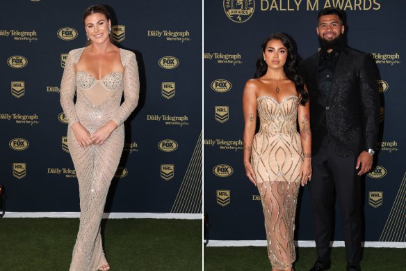 Roosters player Jessica Sergis in a hired sheer gown with embellishments and Leilani Mohenoa with Broncos player Payne Haas.