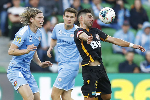 Perth's Bruno Fornaroli controls the ball against his former club, Melbourne City.