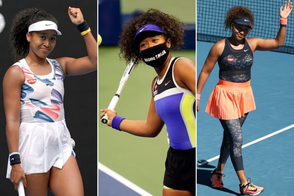Strong serves. Naomi Osaka’s on court fashion triumphs. The Barbie doll look from the Australian Open 2020. Masks with a message at the US Open in 2020. Triumphing over Serena Williams in a bodysuit at last year’s Australian Open. 