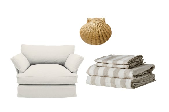 “Otter Loveseat” sofa; “Shell” door knocker; sheet set.  