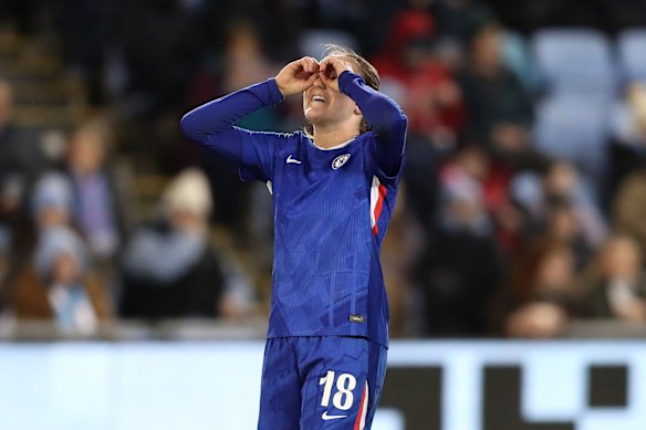 Wieke Kaptein of Chelsea celebrates scoring her team’s first goal during the Subway Women’s League Cup Semi Final match between Manchester City and Chelsea at Joie Stadium on January 21, 2026 in Manchester, England. 
