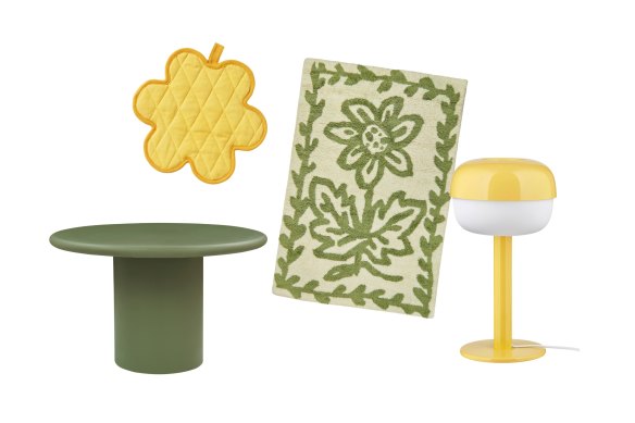 “Jean De” table; “Serving Friends” pot holder; “Daisy” rug; “Blasverk” lamp.  