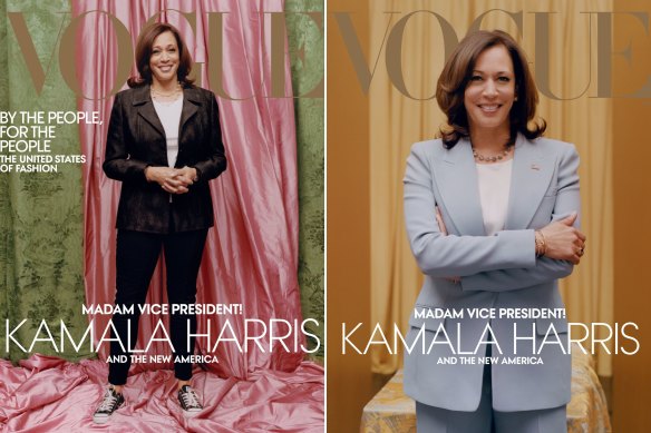 The original version of US vice president Kamala Harris’s ‘Vogue’ cover from February, 2021 and the hastily arranged second cover following criticism of the original image.