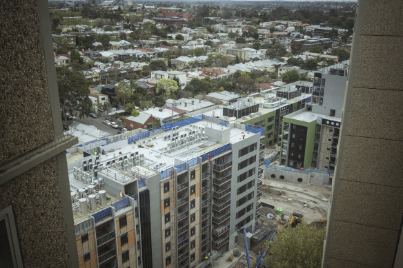 The view from the old tower at Racecourse road of the under-construction new housing towers.