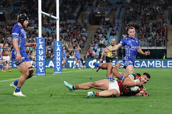 David Fifita scores against Canterbury.