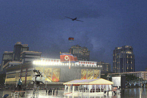 The test flight of a drone during the military parade on Kim Il Sung Square in Pyongyang on Thursday.