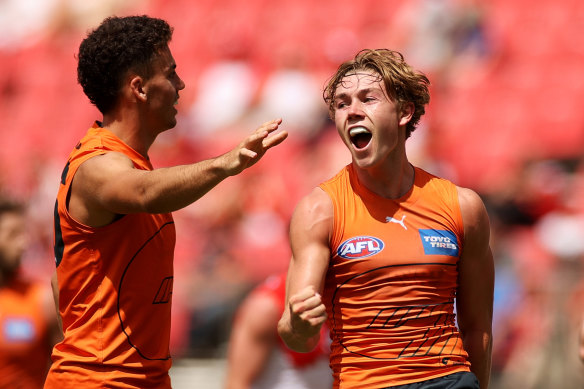 Tanner Bruhn couldn’t hide his excitement after kicking a goal for the Giants in pre-season.