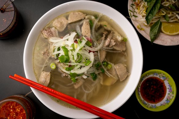 Rare beef flank and meatballs pho at Huu Huu Thanh inside Footscray Market.