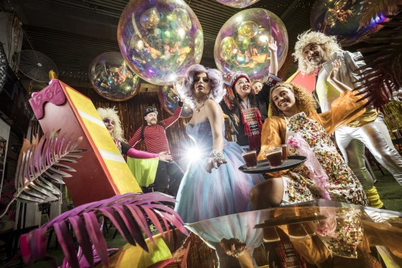 Suzi Farkew (far left) and Michael Crotchence (far right) of The Real Hot Bitches will join Miss Cairo (centre), Grace Liu (Yao People of China), Samuel Rob and Simon Wright of the Infernos Unicycle club and Peta Duncan in performing at the Fringe Parade and Lygon St Block Party. 