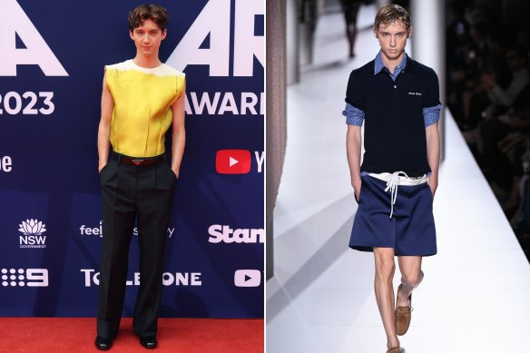 Troye Sivan in Prada at the ARIAs (left), and walking for Miu Miu at Paris Fashion Week.