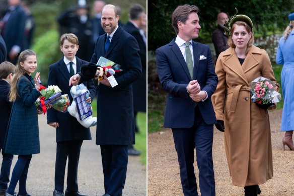 Princess Charlotte, Prince George and Prince William (left), and Princess Beatrice with her husband, Edoardo Mapelli Mozzi.