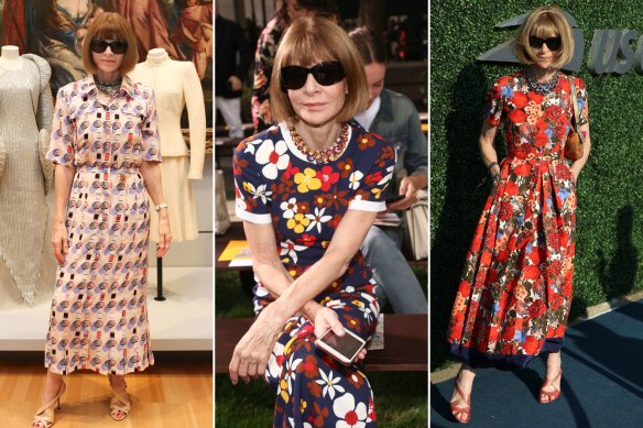 Bringing joy below the neck, US Vogue editor Anna Wintour commits to colour at public engagements. 