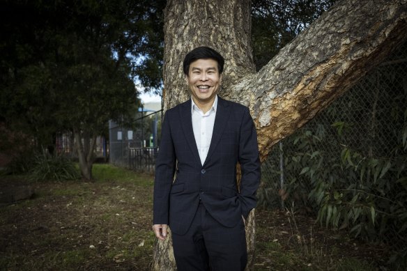 Independent candidate Wayne Tseng at a pre-polling centre in Mount Waverley.