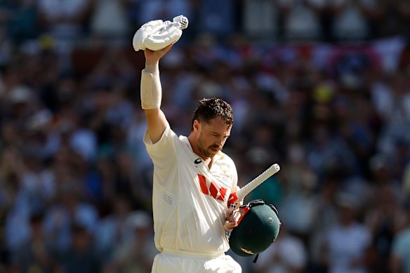 Travis Head of Australia celebrates yet another Adelaide Oval ton.