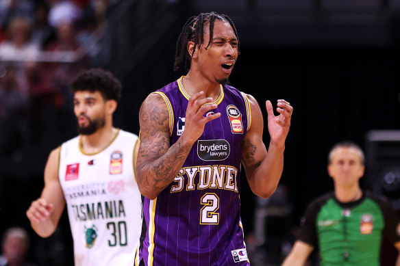 Kings playmaker Jaylen Adams shows his frustration during game one of the NBL’s finals series.