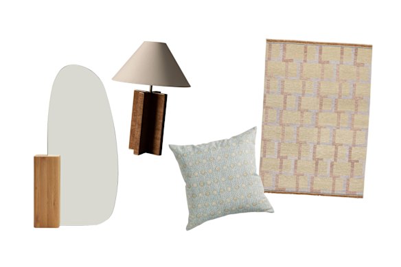 “Block” floor mirror; “Marquis” lamp; “Alcaufar Cenote” cushion; “Jules” rug.