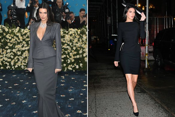 Kendall Jenner in a grey Torishéju skirt suit at the Met Gala and at an after-party in vintage Thierry Mugler.