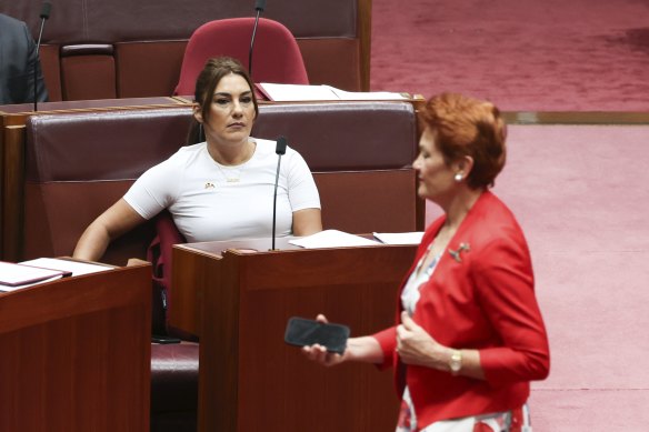 Lidia Thorpe and Pauline Hanson after a division in the Senate on Wednesday.