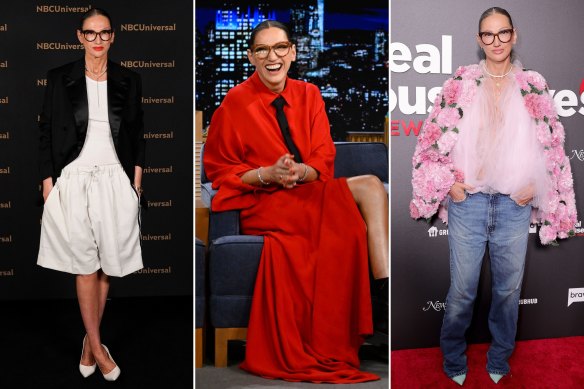 ‘Real Housewives of New York’ star Jenna Lyons a the NBC upfronts in New York in May; wearing Valentino on ‘The Tonight Show’ in New York in November; at the July premiere of the ‘Real Housewives of New York’ in an Oscar de la Renta cape and jeans.  