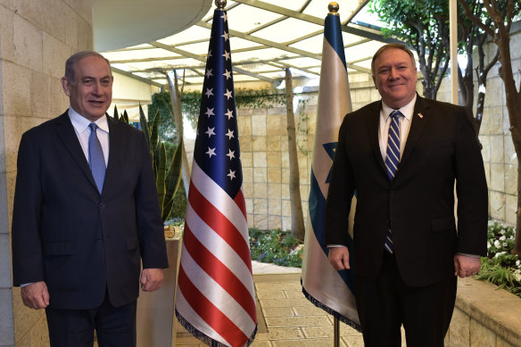 Israeli Prime Minister Benjamin Netanyahu (left) meets with US Secretary of State Mike Pompeo on May 13, 2020, in Jerusalem.