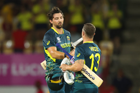 Tim David and Matthew Wade congratulate each other after Australia’s victory.