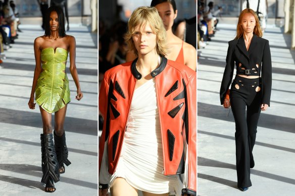 Models walk the runway during the Dion Lee Spring 2023 fashion show at the Hudson Commons.