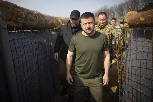 Ukrainian President Volodymyr Zelensky inspects the fortification lines in the Kharkiv region.
