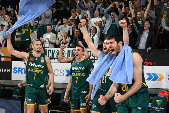 The JackJumpers celebrate the hard-fought win over Melbourne.