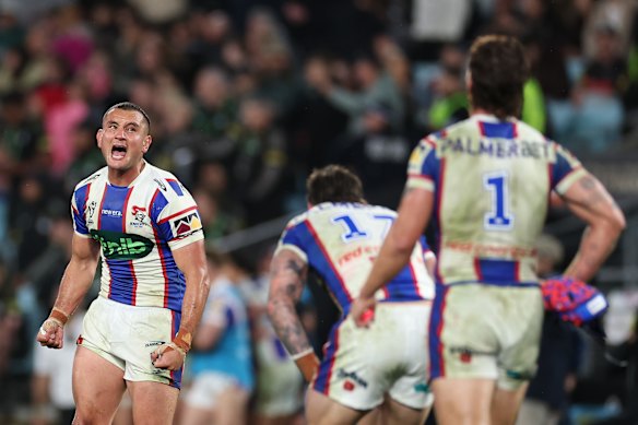 Mat Croker and the Knights celebrate a stunning win in the preliminary final.