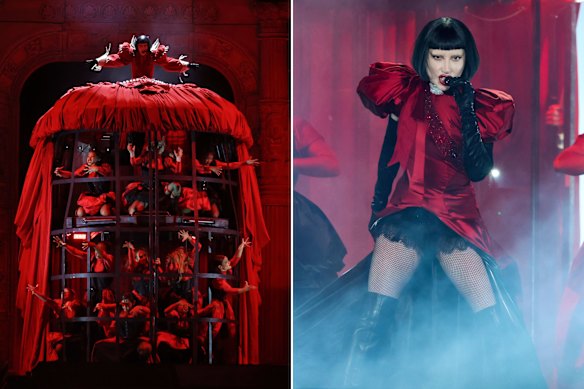 The opening look of Mayhem Ball, created by Lewis and a team of designers, left, and the second dress worn by Gaga, designed by Lewis.
