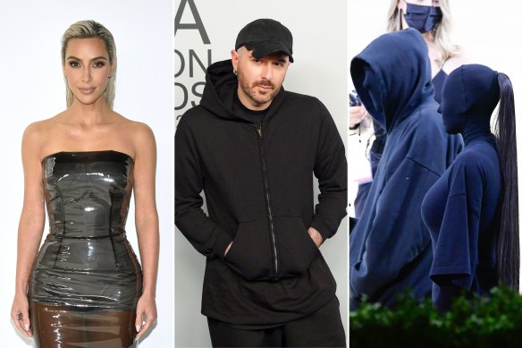 Kim Kardashian at the CFDA Awards in New York wearing Dolce & Gabbana on November 7; Balenciaga creative director Demna at the 2021 CFDA Awards; Demna and Kim Kardashian at the 2021 Met Gala on September 13.